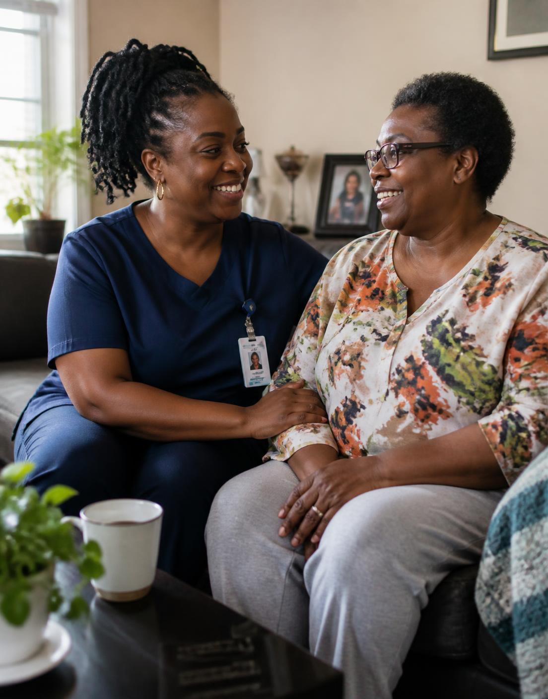 A caretaker sitting with and supporting a client in her living room