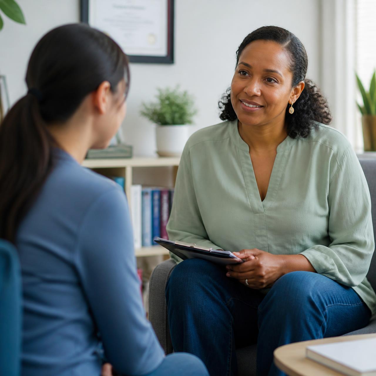 A counselor and client in conversation in a warm office setting
