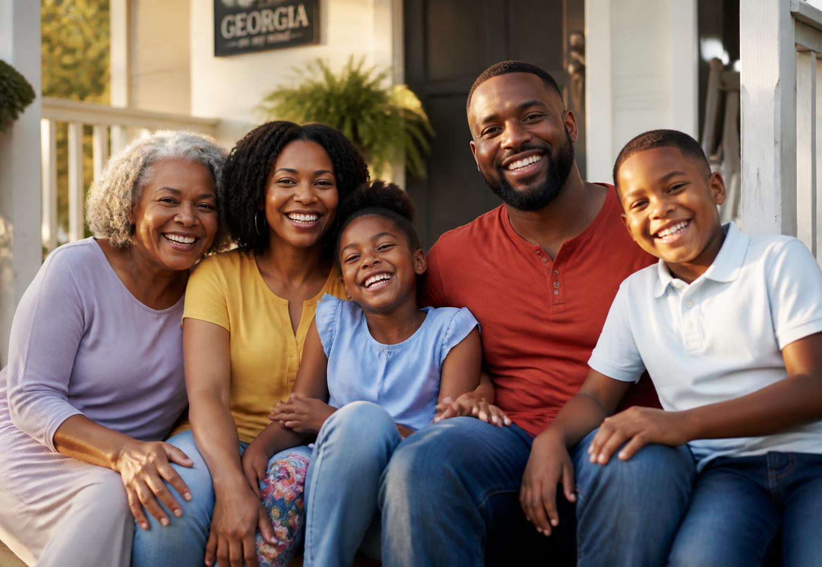 A multigenerational Black family sitting together and smiling on their front porch in Georgia