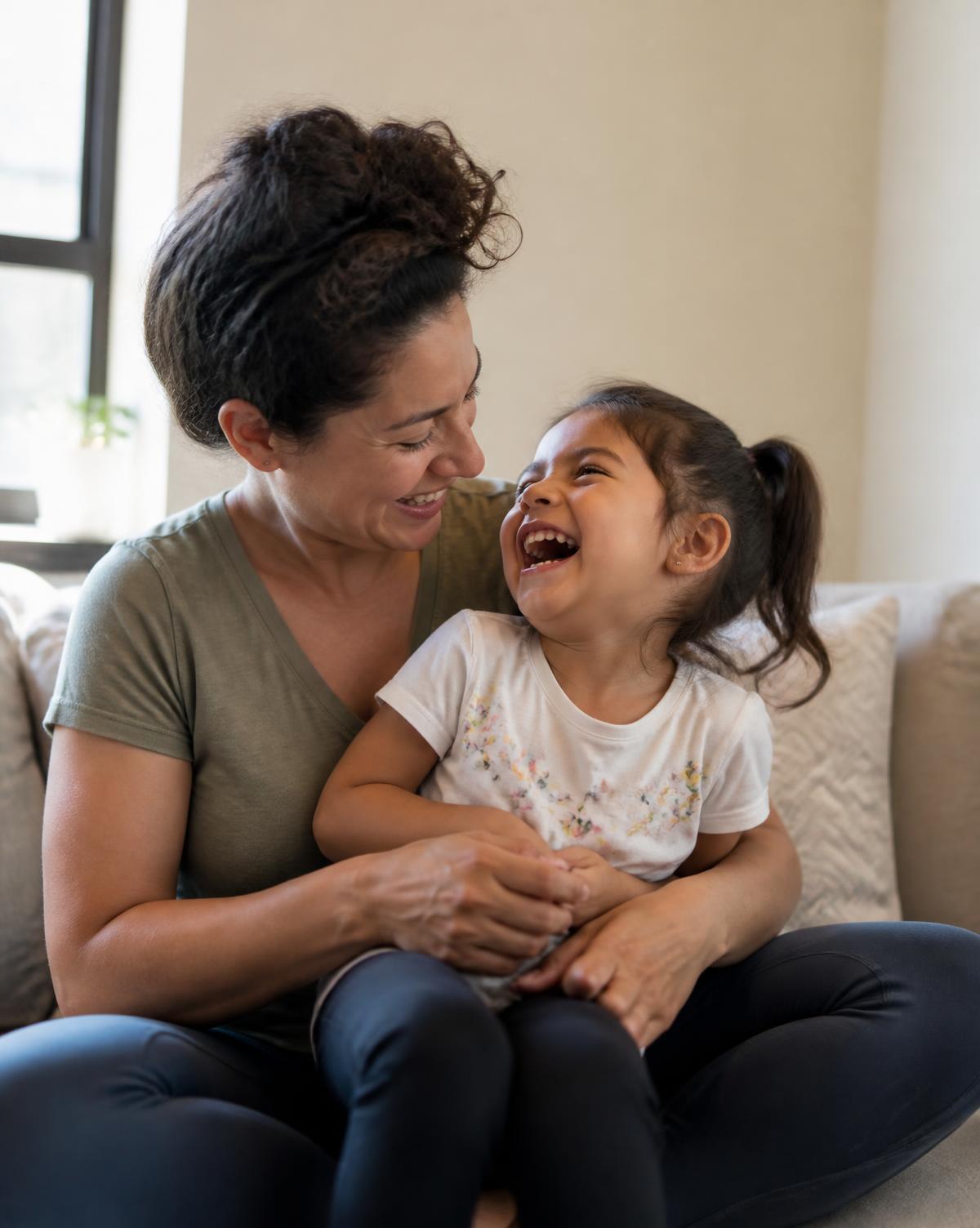 A mother and her young daughter laughing together at home