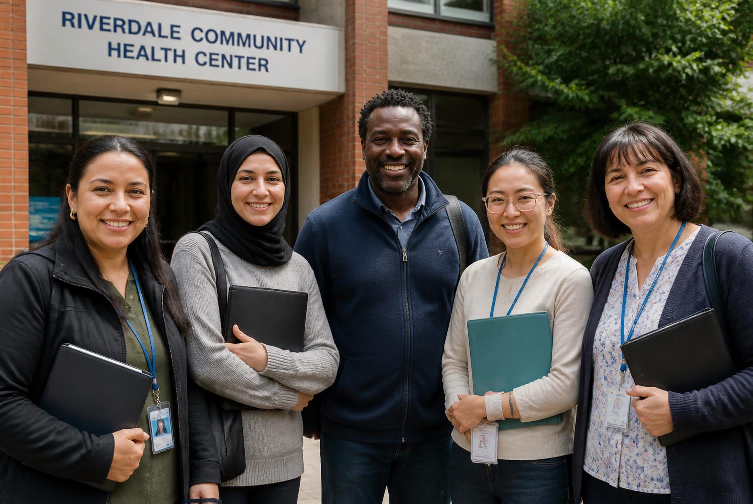 A diverse team of community health workers outside a community health center