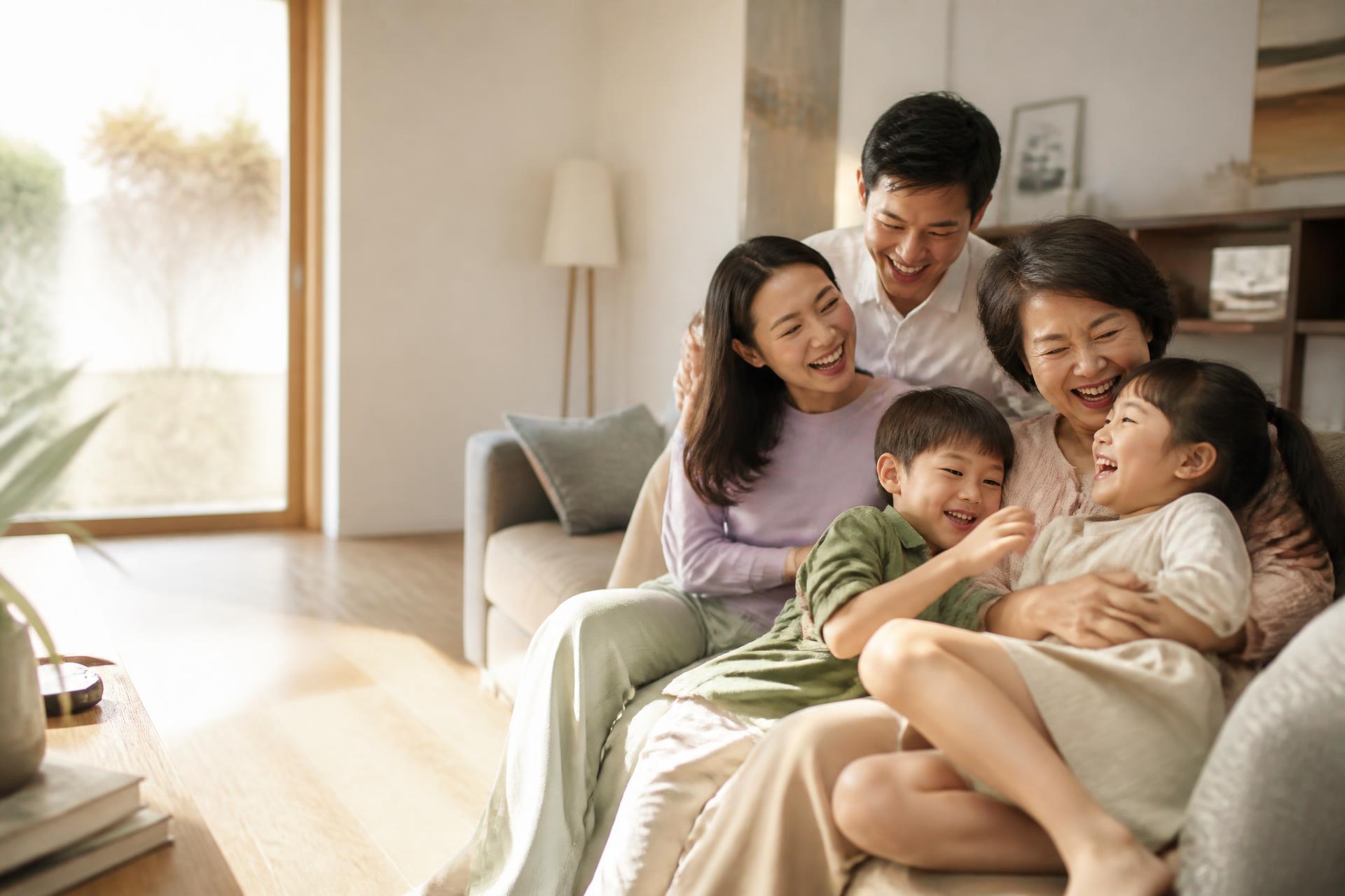 An Asian family of three generations laughing together in a sunlit living room