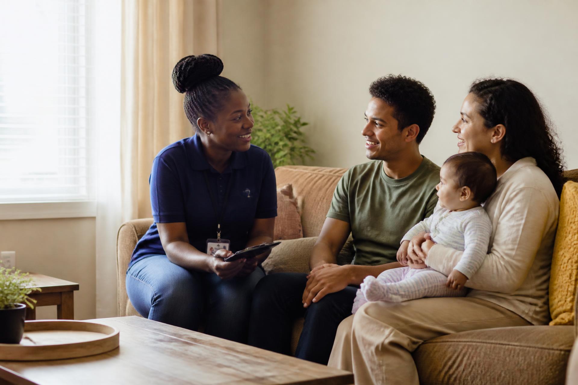 A caregiver meeting with a young family and their baby during a supportive home visit