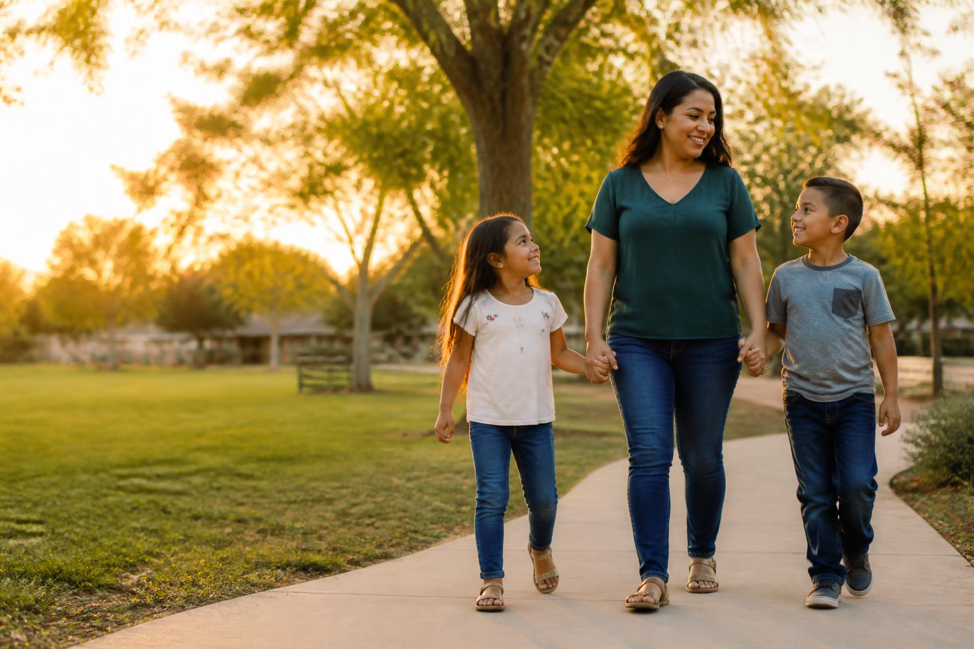 A Hispanic mother walking hand in hand with her two children through a park at golden hour