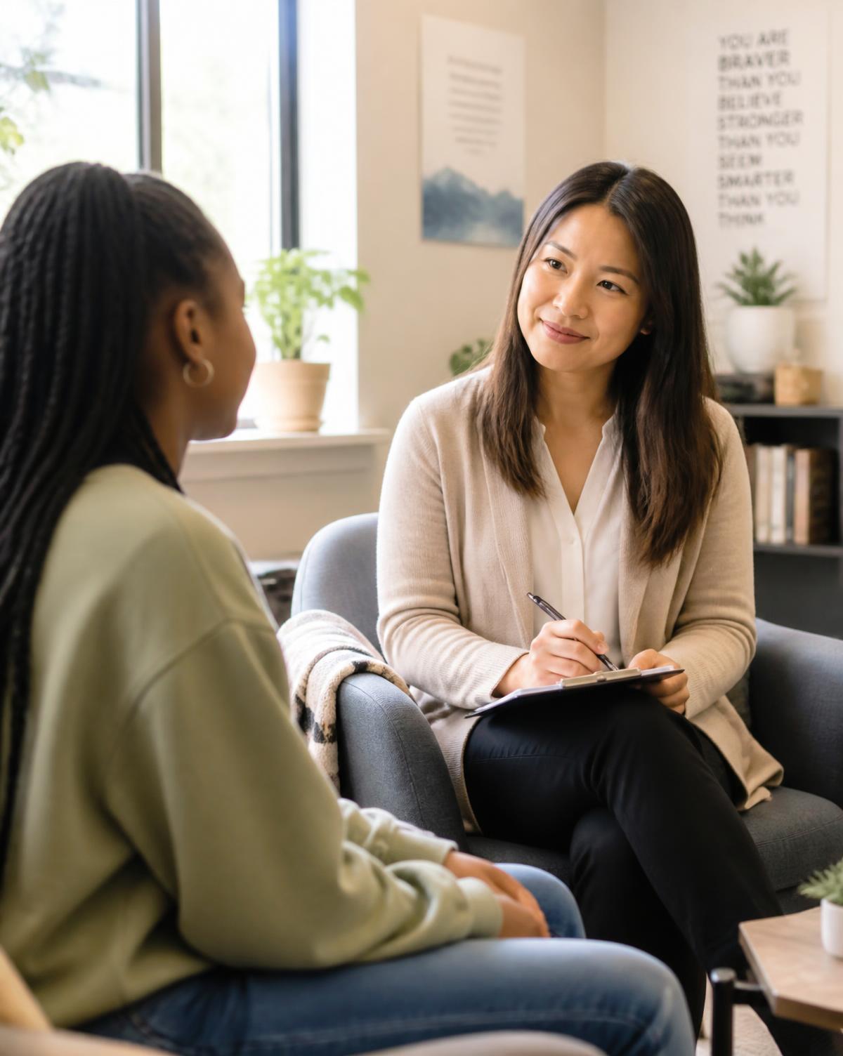 A therapist listening warmly to a teenage client in a bright counseling room
